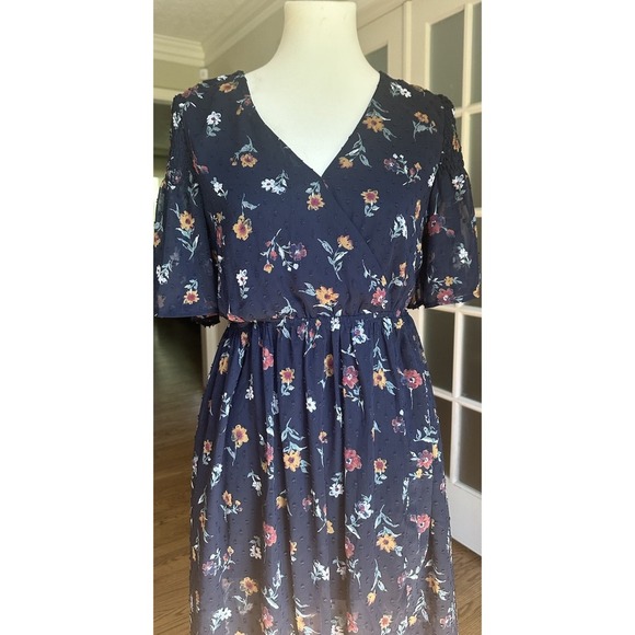 J.O.A. Dress Women's Small Navy Blue Pin Dot Delicate Floral Print Wrap - Picture 5 of 8